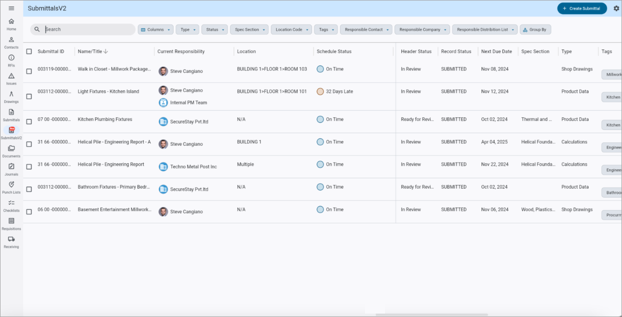 Patch 22 Highlight - Construct PM - Submittals V2 Filtering by Status ...