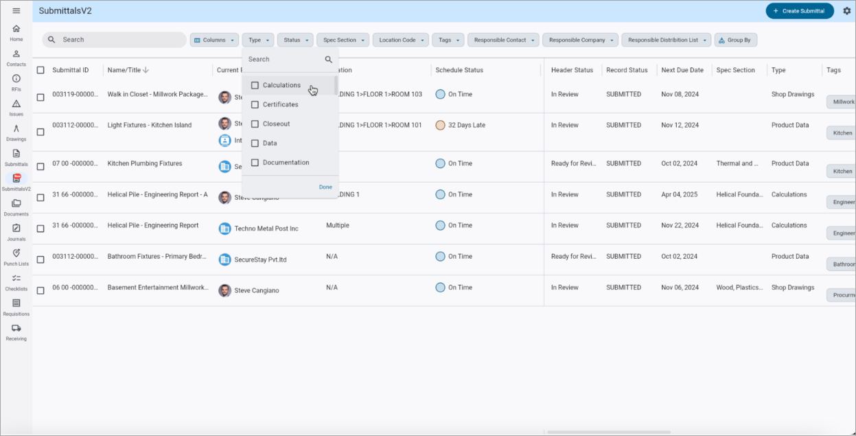 Patch 22 Highlight - Construct PM - Submittals V2 Filtering by Status ...